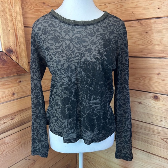 Vintage Tops - Vintage Burned Out Velvet Sheer Black Grey Long Sleeve Top Y2K Retro Womens Smal